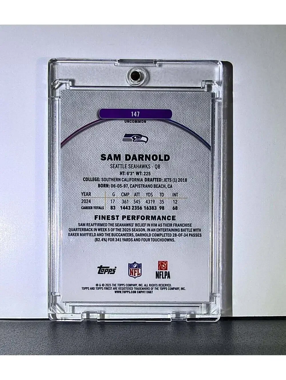 Sam Darnold 2025 Topps Finest Nebula NFL #147 Uncommon Purple Refractor 191/200